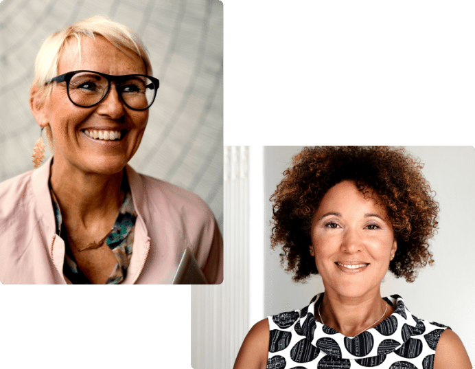 A woman over 50 wearing glasses smiling and a woman over 50 smiling and looking at the camera